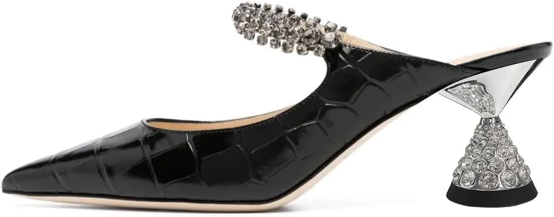 FSJ Women Rhinestone Cone Low Heel Mules Closed Pointed Toe One Strap Sandals Slip On Backless Bridal Summer Shoes Size 4-15 US