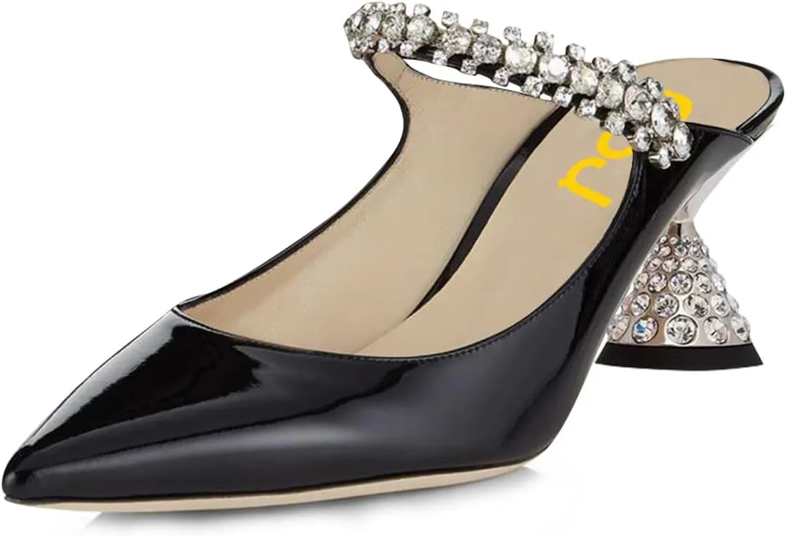 FSJ Women Rhinestone Cone Low Heel Mules Closed Pointed Toe One Strap Sandals Slip On Backless Bridal Summer Shoes Size 4-15 US