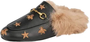 Fur Mules for Women Chain Leather Low Heel Mule Fluffy Comfort Loafers Casual Slip-on Flat Shoes