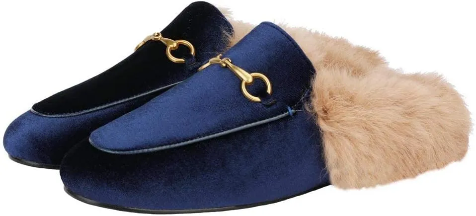 Fur Mules for Women Chain Leather Low Heel Mule Fluffy Comfort Loafers Casual Slip-on Flat Shoes