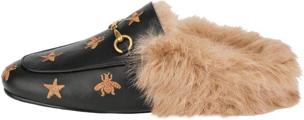 Fur Mules for Women Chain Leather Low Heel Mule Fluffy Comfort Loafers Casual Slip-on Flat Shoes