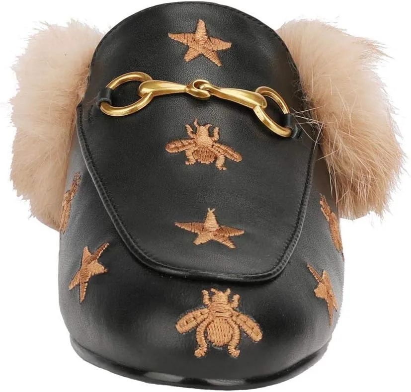Fur Mules for Women Chain Leather Low Heel Mule Fluffy Comfort Loafers Casual Slip-on Flat Shoes