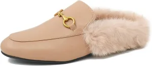 Fur Mules for Women Chain Leather Low Heel Mule Fluffy Comfort Loafers Casual Slip-on Flat Shoes