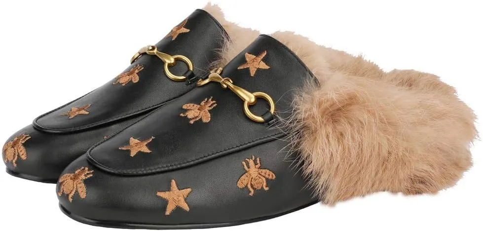 Fur Mules for Women Chain Leather Low Heel Mule Fluffy Comfort Loafers Casual Slip-on Flat Shoes