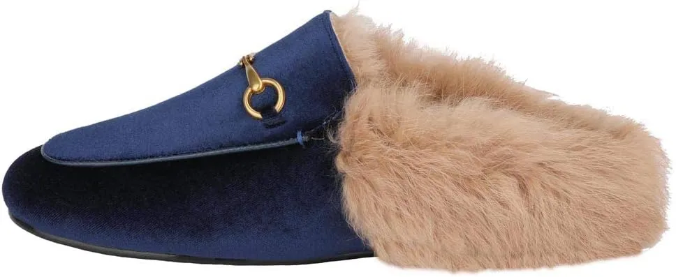 Fur Mules for Women Chain Leather Low Heel Mule Fluffy Comfort Loafers Casual Slip-on Flat Shoes
