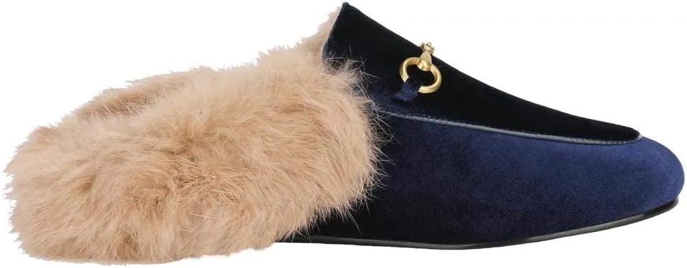Fur Mules for Women Chain Leather Low Heel Mule Fluffy Comfort Loafers Casual Slip-on Flat Shoes