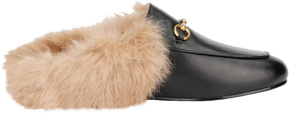 Fur Mules for Women Chain Leather Low Heel Mule Fluffy Comfort Loafers Casual Slip-on Flat Shoes