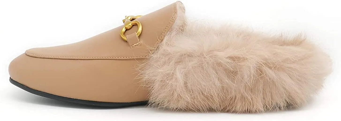 Fur Mules for Women Chain Leather Low Heel Mule Fluffy Comfort Loafers Casual Slip-on Flat Shoes