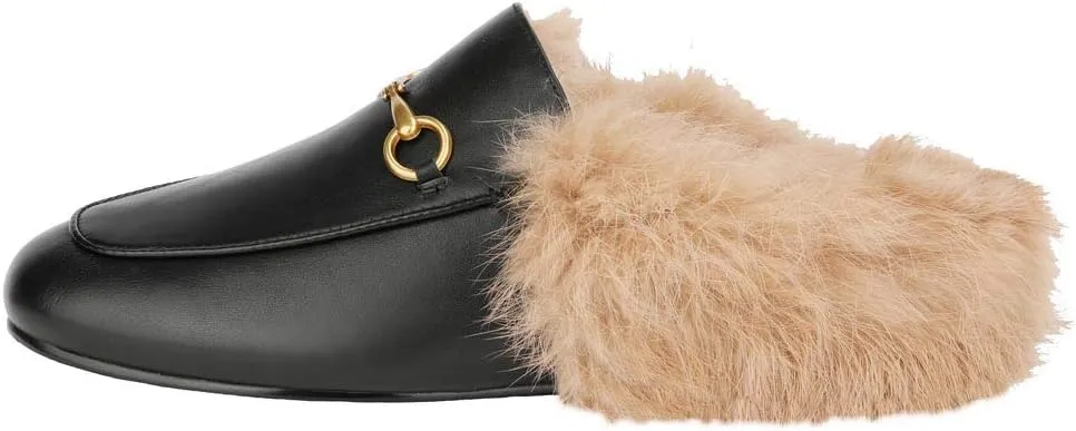 Fur Mules for Women Chain Leather Low Heel Mule Fluffy Comfort Loafers Casual Slip-on Flat Shoes