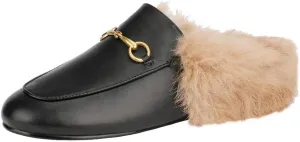 Fur Mules for Women Chain Leather Low Heel Mule Fluffy Comfort Loafers Casual Slip-on Flat Shoes