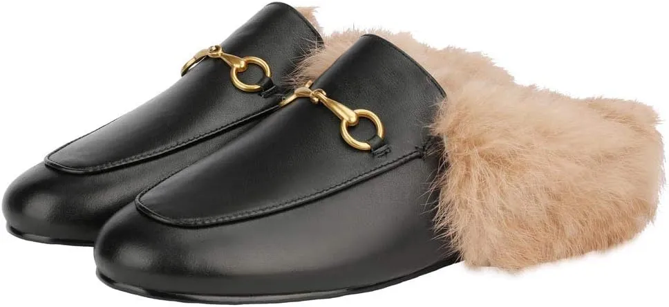 Fur Mules for Women Chain Leather Low Heel Mule Fluffy Comfort Loafers Casual Slip-on Flat Shoes
