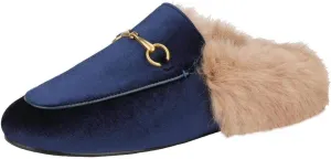 Fur Mules for Women Chain Leather Low Heel Mule Fluffy Comfort Loafers Casual Slip-on Flat Shoes