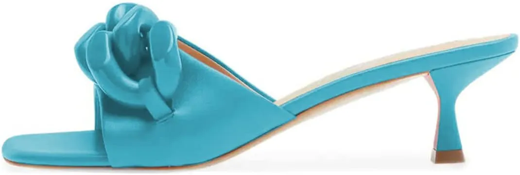 FYS Women Chain Square Open Toe Slip On Mules Low Kitten Heel Strappy Slide Sandals Summer Holiday Parety Dtress Shoes Size 4-15 US