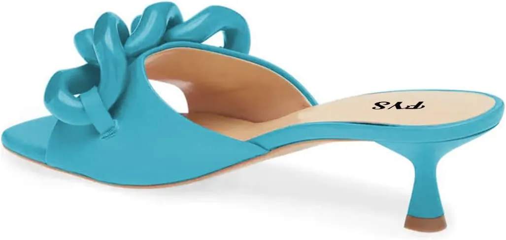 FYS Women Chain Square Open Toe Slip On Mules Low Kitten Heel Strappy Slide Sandals Summer Holiday Parety Dtress Shoes Size 4-15 US