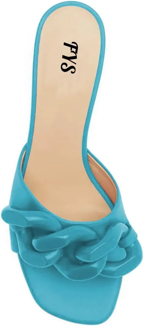 FYS Women Chain Square Open Toe Slip On Mules Low Kitten Heel Strappy Slide Sandals Summer Holiday Parety Dtress Shoes Size 4-15 US