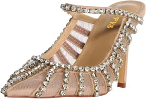FYS Women's Pointed Toe Slip on Mules Rhinestone Studded Stiletto High Heel Sandals Sexy Mesh Evening Prom Shoes Size 4-16 US