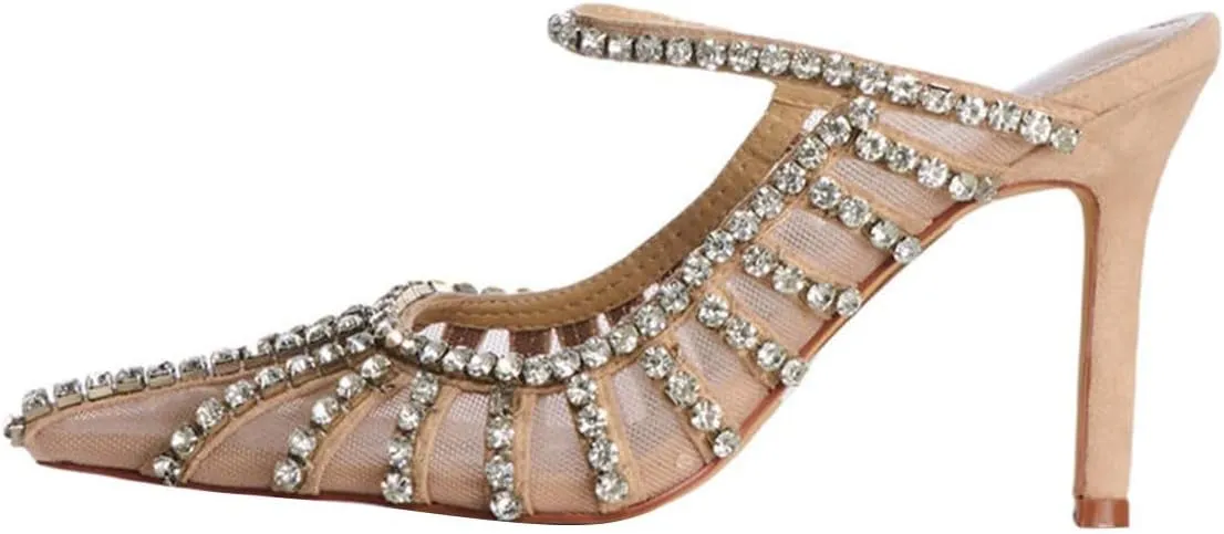 FYS Women's Pointed Toe Slip on Mules Rhinestone Studded Stiletto High Heel Sandals Sexy Mesh Evening Prom Shoes Size 4-16 US