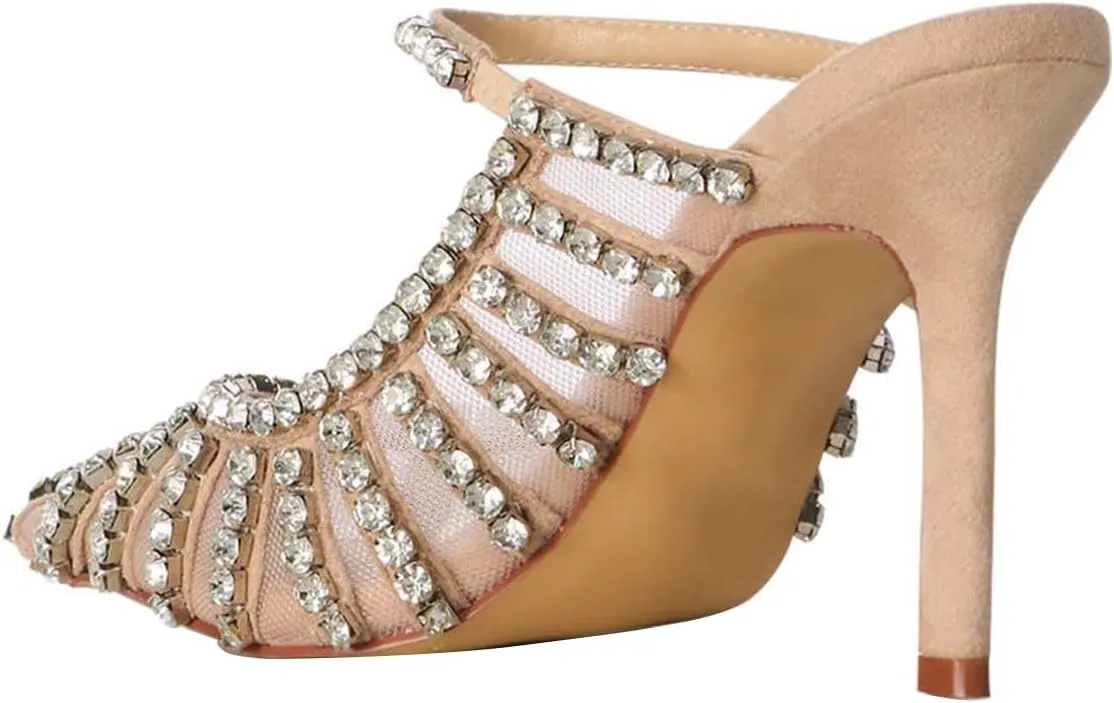 FYS Women's Pointed Toe Slip on Mules Rhinestone Studded Stiletto High Heel Sandals Sexy Mesh Evening Prom Shoes Size 4-16 US