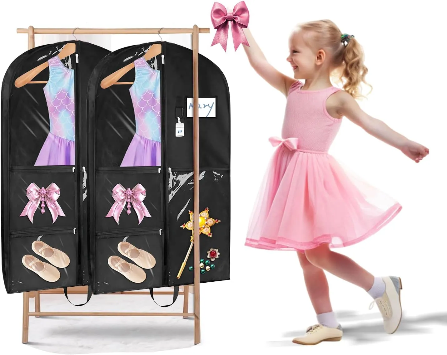 Garment Bags for Dance Costumes 2 Pack, 43 Inch Black Kids Garment Bag with 5 Pockets, Waterproof Hanging Clothes Bag for Dance Competitions Cheer Uniform Suit Travel