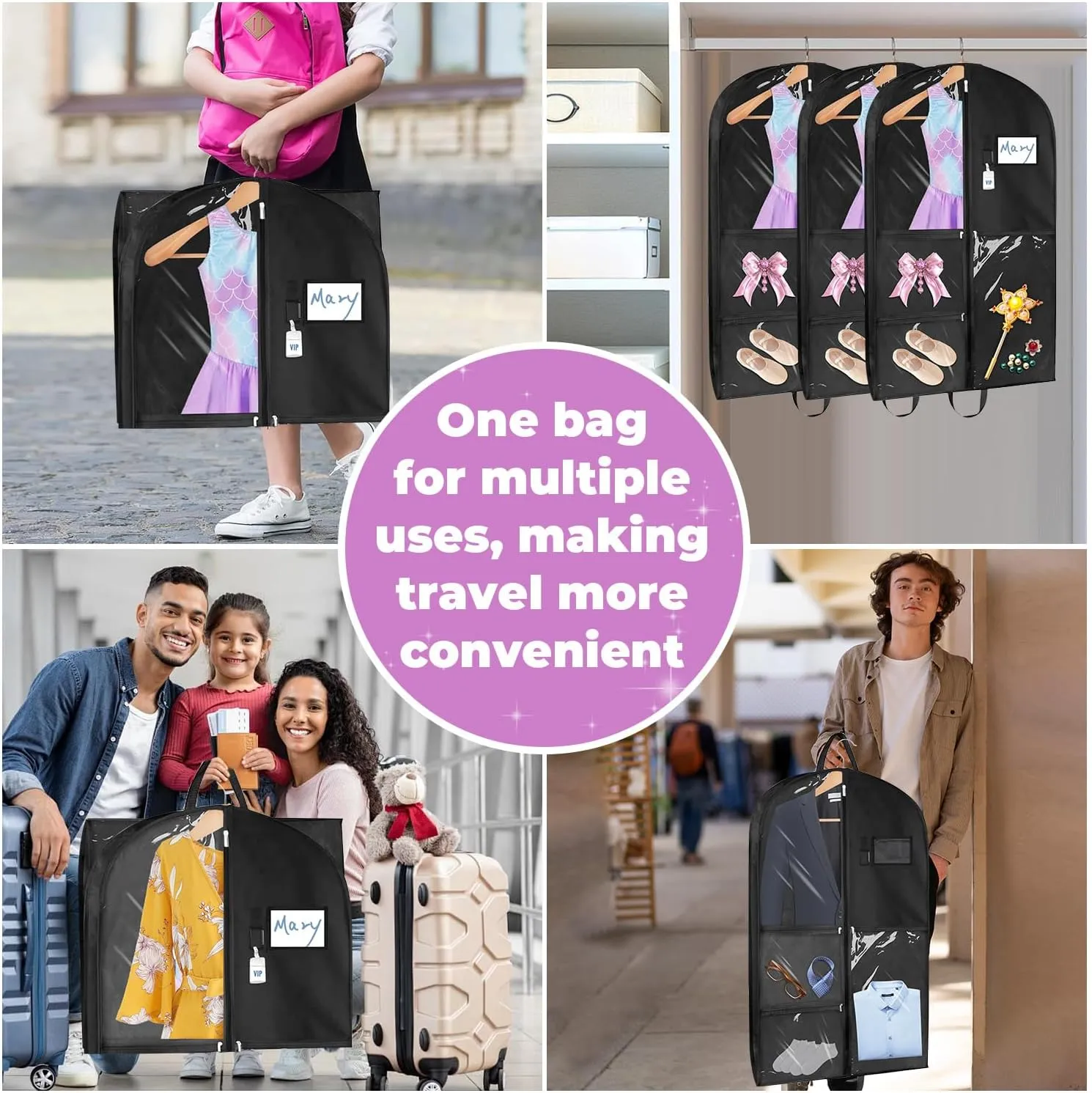 Garment Bags for Dance Costumes 2 Pack, 43 Inch Black Kids Garment Bag with 5 Pockets, Waterproof Hanging Clothes Bag for Dance Competitions Cheer Uniform Suit Travel