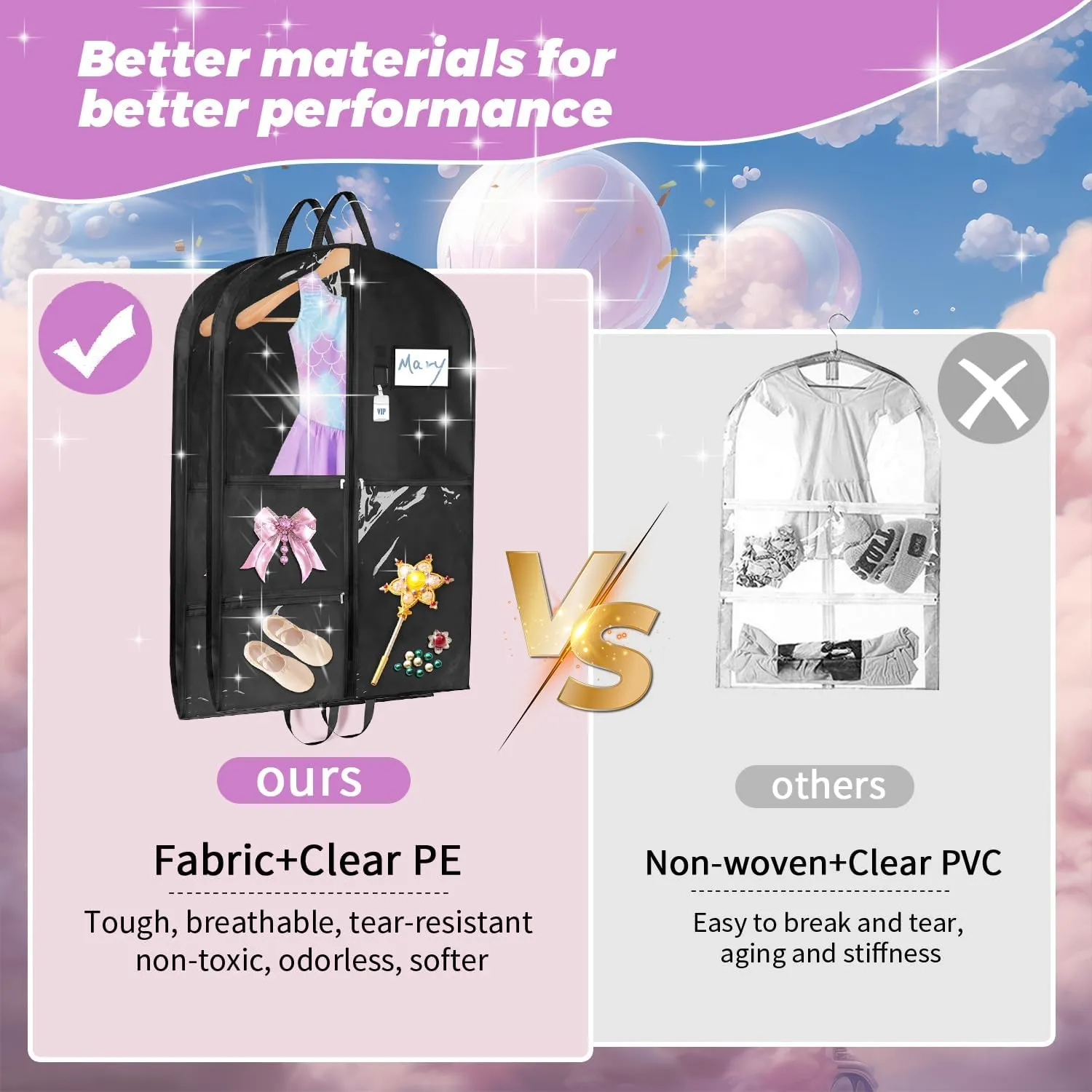 Garment Bags for Dance Costumes 2 Pack, 43 Inch Black Kids Garment Bag with 5 Pockets, Waterproof Hanging Clothes Bag for Dance Competitions Cheer Uniform Suit Travel