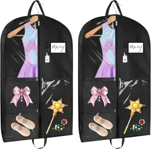 Garment Bags for Dance Costumes 2 Pack, 43 Inch Black Kids Garment Bag with 5 Pockets, Waterproof Hanging Clothes Bag for Dance Competitions Cheer Uniform Suit Travel