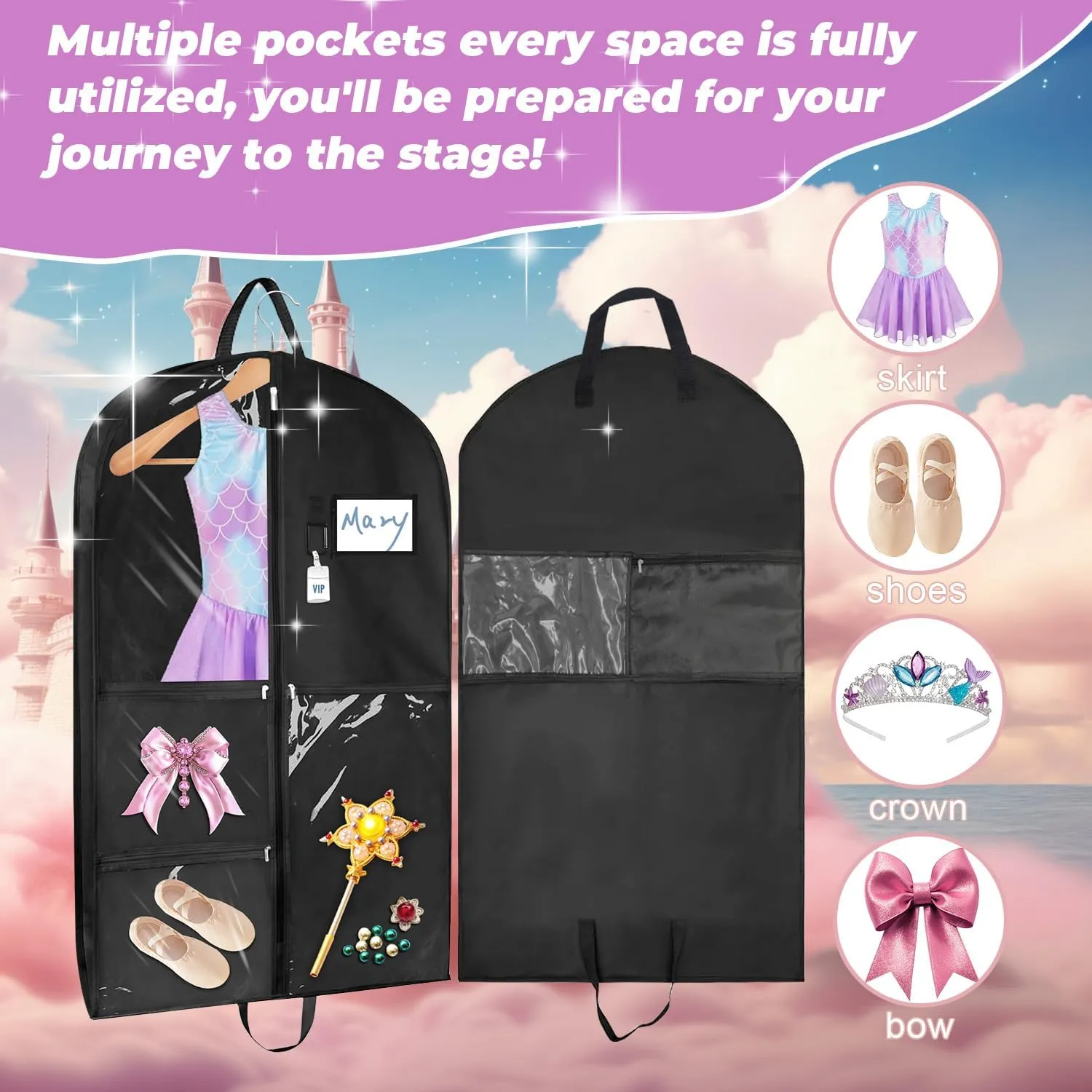 Garment Bags for Dance Costumes 2 Pack, 43 Inch Black Kids Garment Bag with 5 Pockets, Waterproof Hanging Clothes Bag for Dance Competitions Cheer Uniform Suit Travel