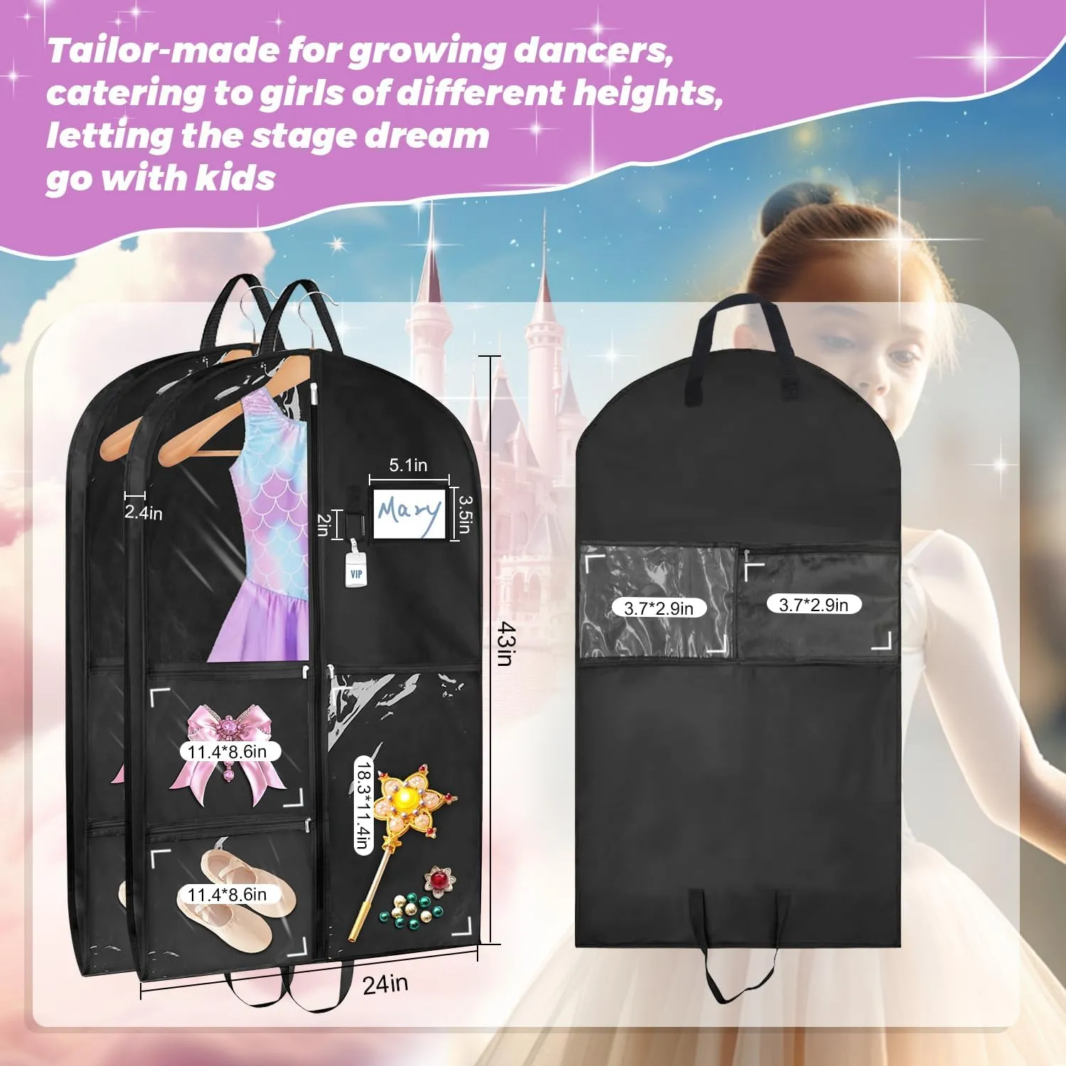 Garment Bags for Dance Costumes 2 Pack, 43 Inch Black Kids Garment Bag with 5 Pockets, Waterproof Hanging Clothes Bag for Dance Competitions Cheer Uniform Suit Travel