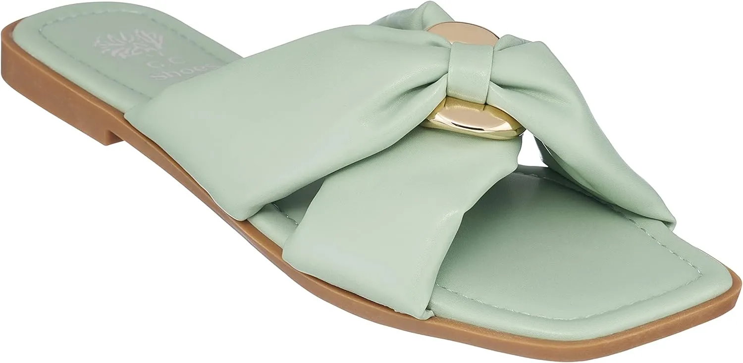 GC Shoes Womens Flat Faux Leather Fashion Sandals, Slip On Summer Slides, Single Knot Band, Knotted Cross, Padded Thong Sandal Flats