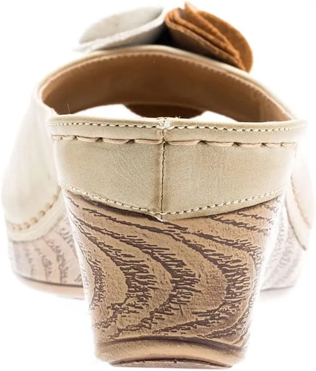 GC Shoes Womens Wedge Sandals, Open Toe Mid Heel Platform, Comfy Vegan Leather Flower Strap Thong, Flora