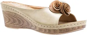 GC Shoes Womens Wedge Sandals, Open Toe Mid Heel Platform, Comfy Vegan Leather Flower Strap Thong, Flora