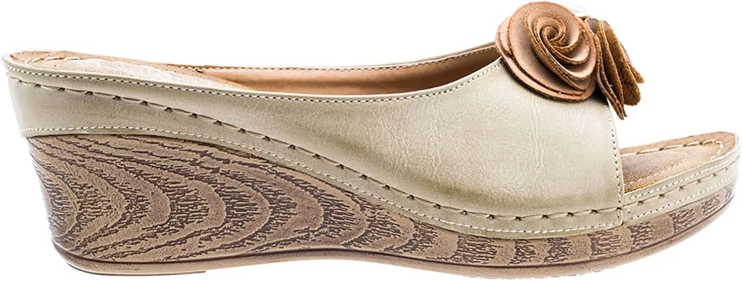 GC Shoes Womens Wedge Sandals, Open Toe Mid Heel Platform, Comfy Vegan Leather Flower Strap Thong, Flora