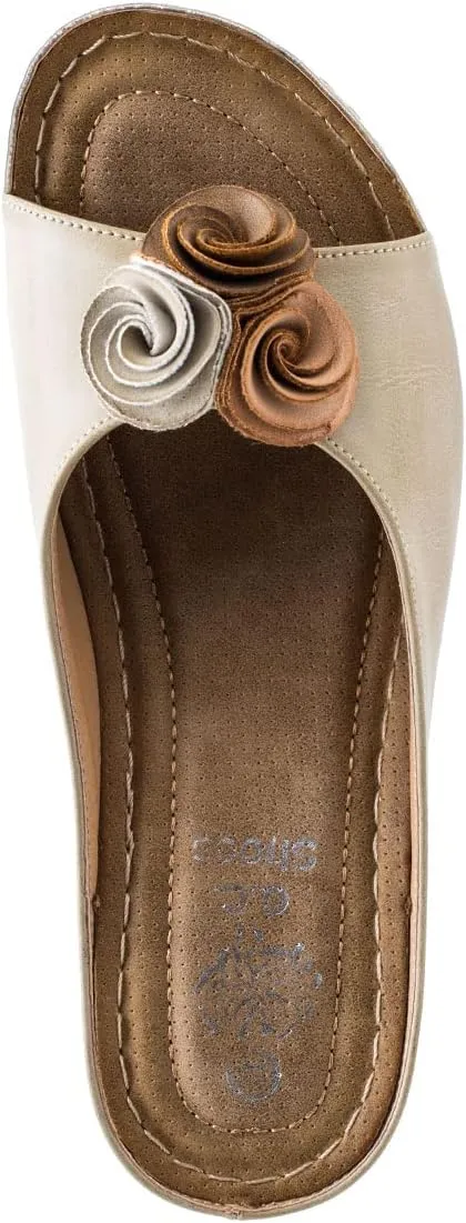 GC Shoes Womens Wedge Sandals, Open Toe Mid Heel Platform, Comfy Vegan Leather Flower Strap Thong, Flora