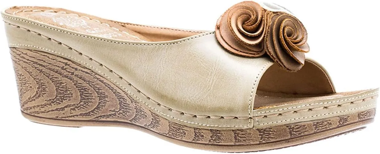 GC Shoes Womens Wedge Sandals, Open Toe Mid Heel Platform, Comfy Vegan Leather Flower Strap Thong, Flora