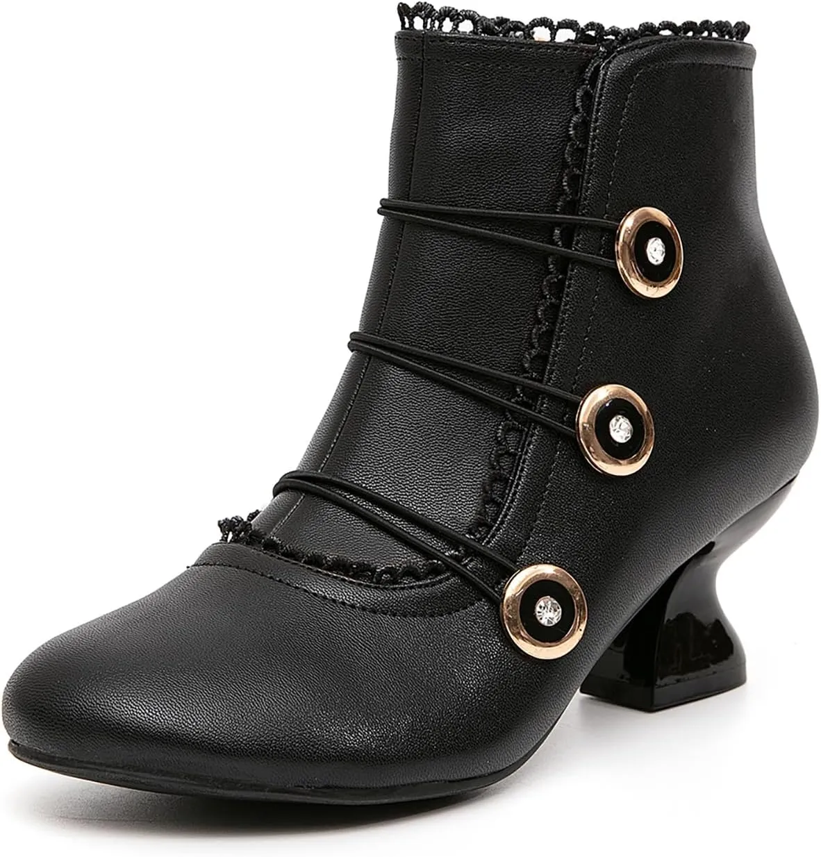 getmorebeauty Women's Ankle Boots Low Heels Lace Buttons Round Toe Side Zipper Vintage Short Boots Autumn Winter