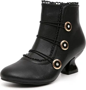 getmorebeauty Women's Ankle Boots Low Heels Lace Buttons Round Toe Side Zipper Vintage Short Boots Autumn Winter