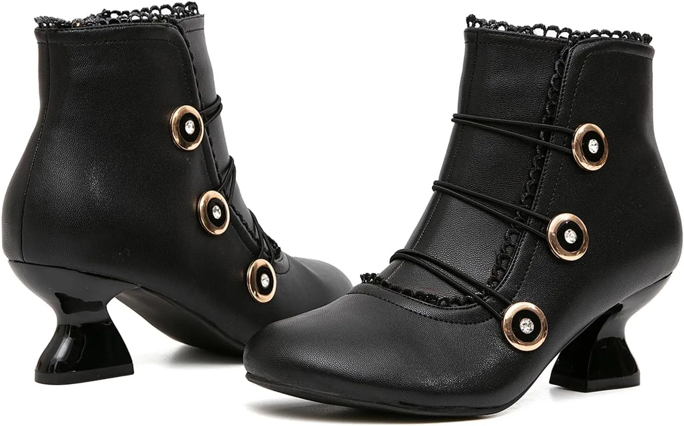 getmorebeauty Women's Ankle Boots Low Heels Lace Buttons Round Toe Side Zipper Vintage Short Boots Autumn Winter