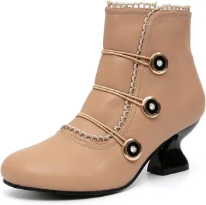 getmorebeauty Women's Ankle Boots Low Heels Lace Buttons Round Toe Side Zipper Vintage Short Boots Autumn Winter