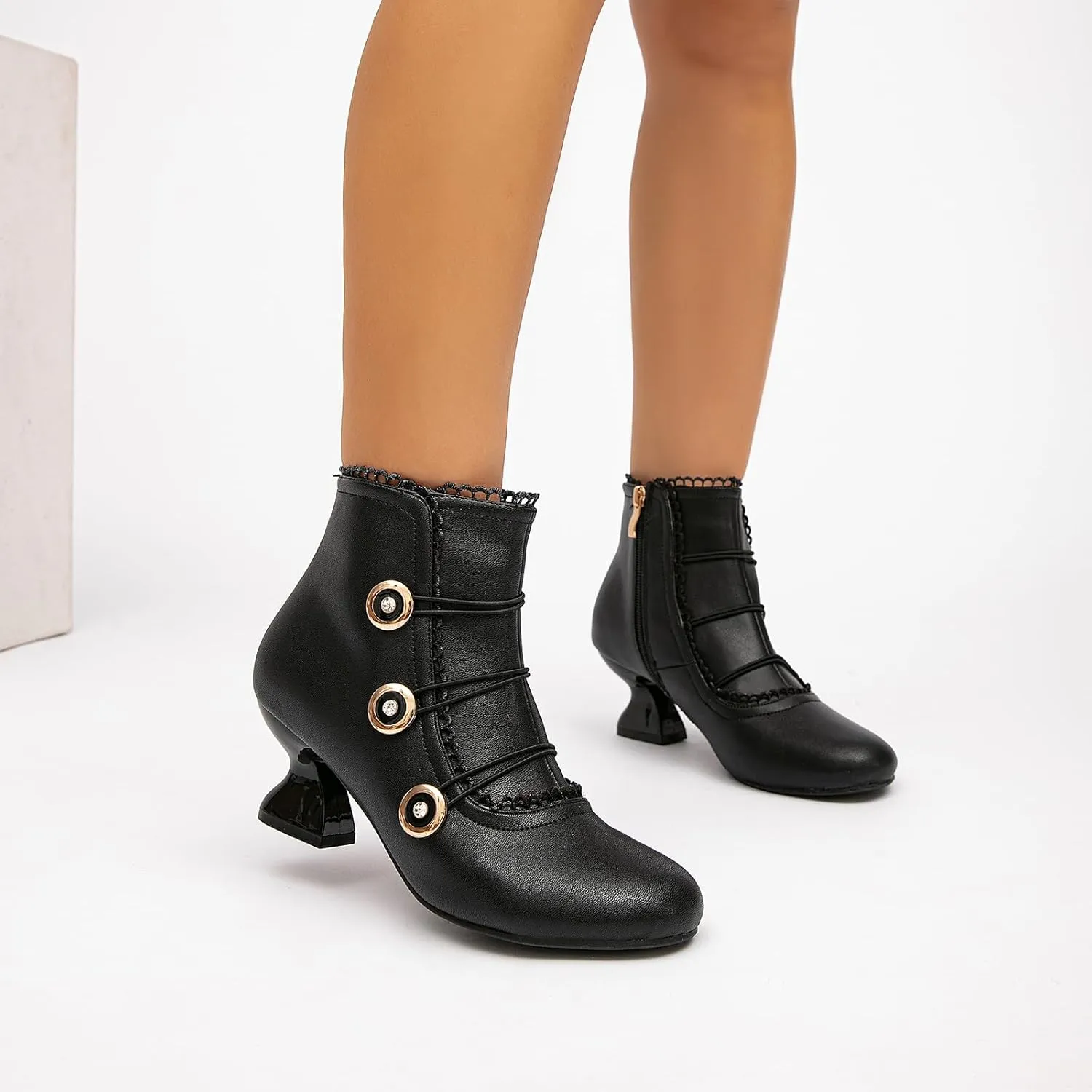 getmorebeauty Women's Ankle Boots Low Heels Lace Buttons Round Toe Side Zipper Vintage Short Boots Autumn Winter