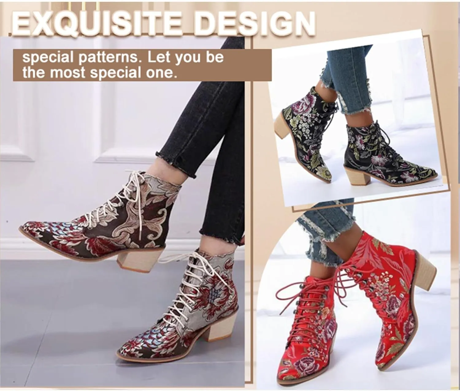 Gets Womens Vintage Floral Embroidered Block Heel Cowboy Boots Heighten Ankle Booties