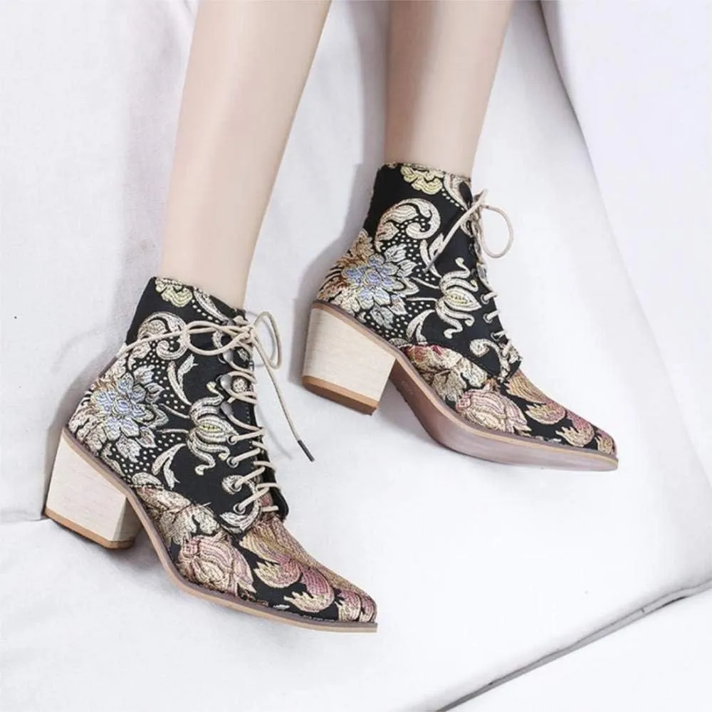 Gets Womens Vintage Floral Embroidered Block Heel Cowboy Boots Heighten Ankle Booties