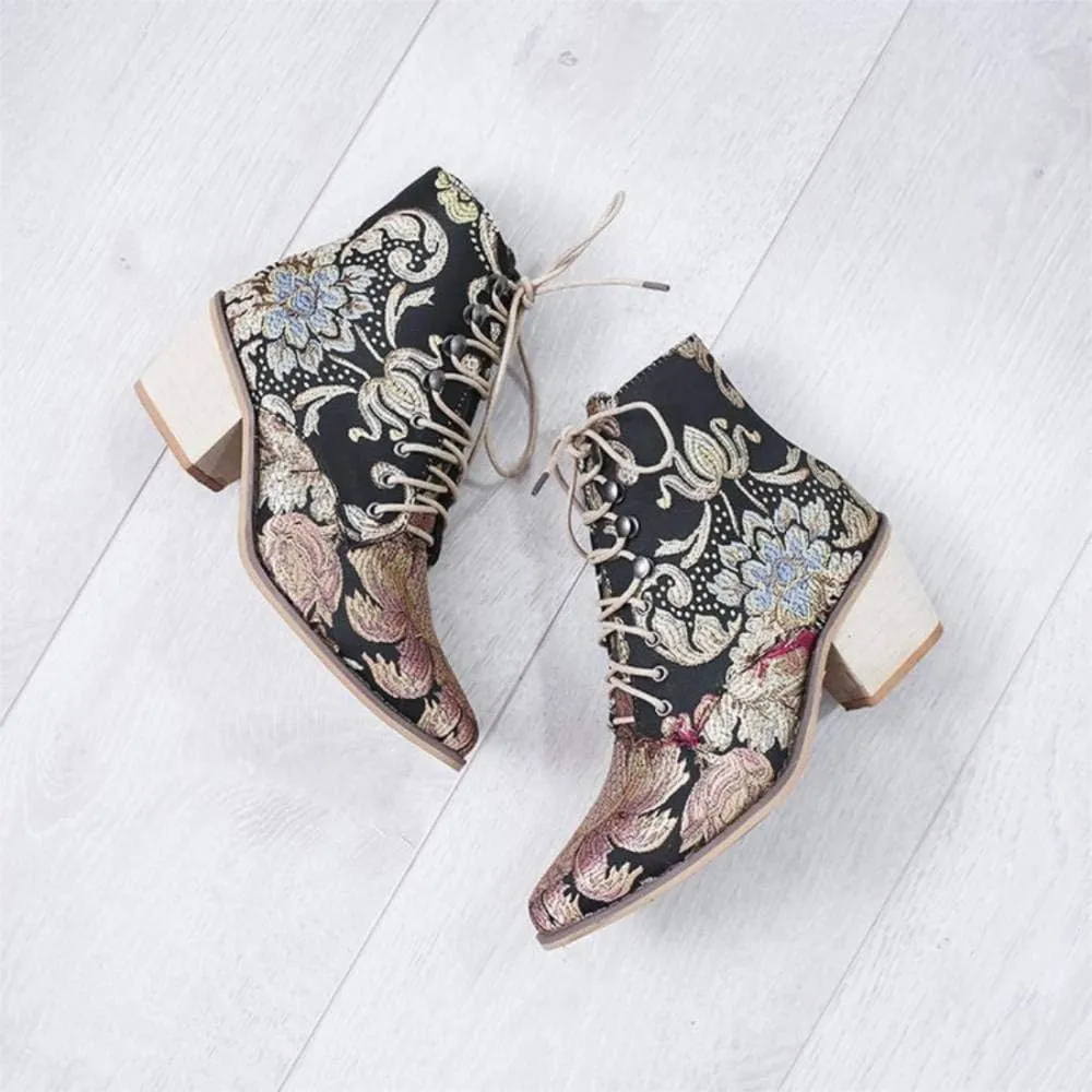 Gets Womens Vintage Floral Embroidered Block Heel Cowboy Boots Heighten Ankle Booties