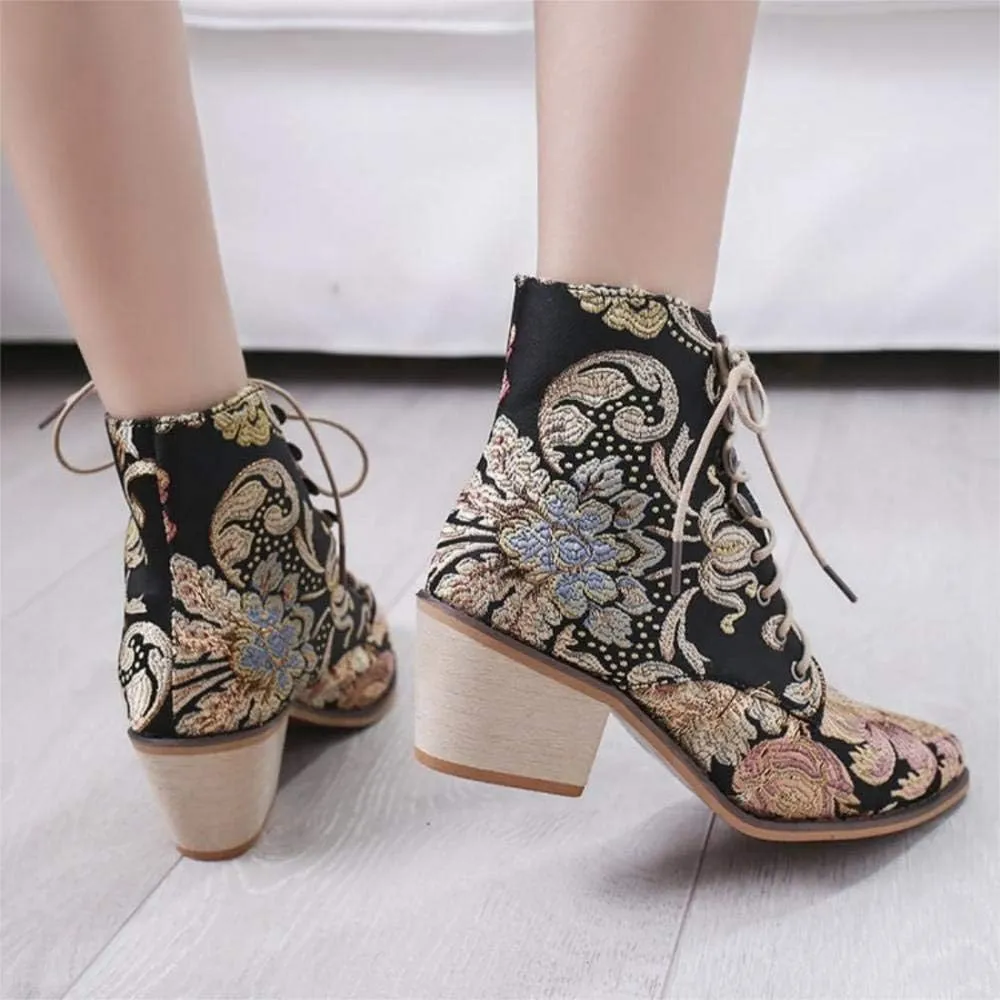 Gets Womens Vintage Floral Embroidered Block Heel Cowboy Boots Heighten Ankle Booties