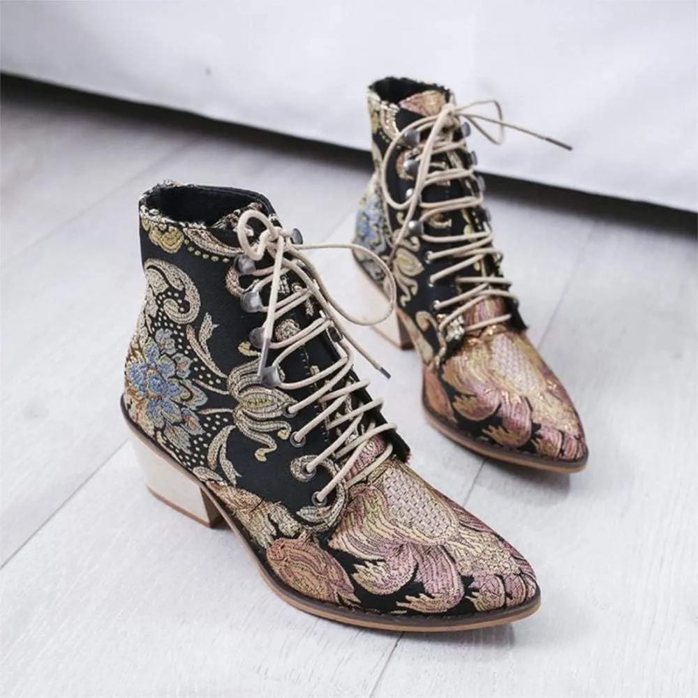 Gets Womens Vintage Floral Embroidered Block Heel Cowboy Boots Heighten Ankle Booties
