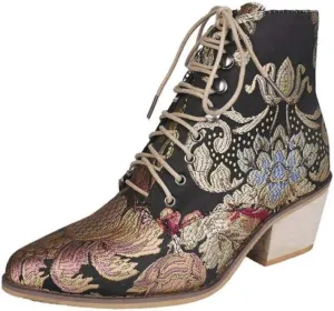 Gets Womens Vintage Floral Embroidered Block Heel Cowboy Boots Heighten Ankle Booties