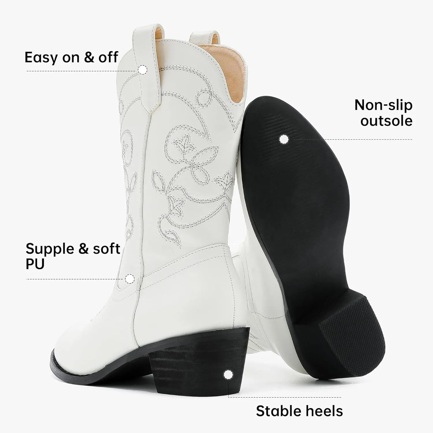 Girls Cowboy Boots Pull On Cowgirl Boots Pointed Toe Mid Calf Western Boots for Little Kid Big Kid