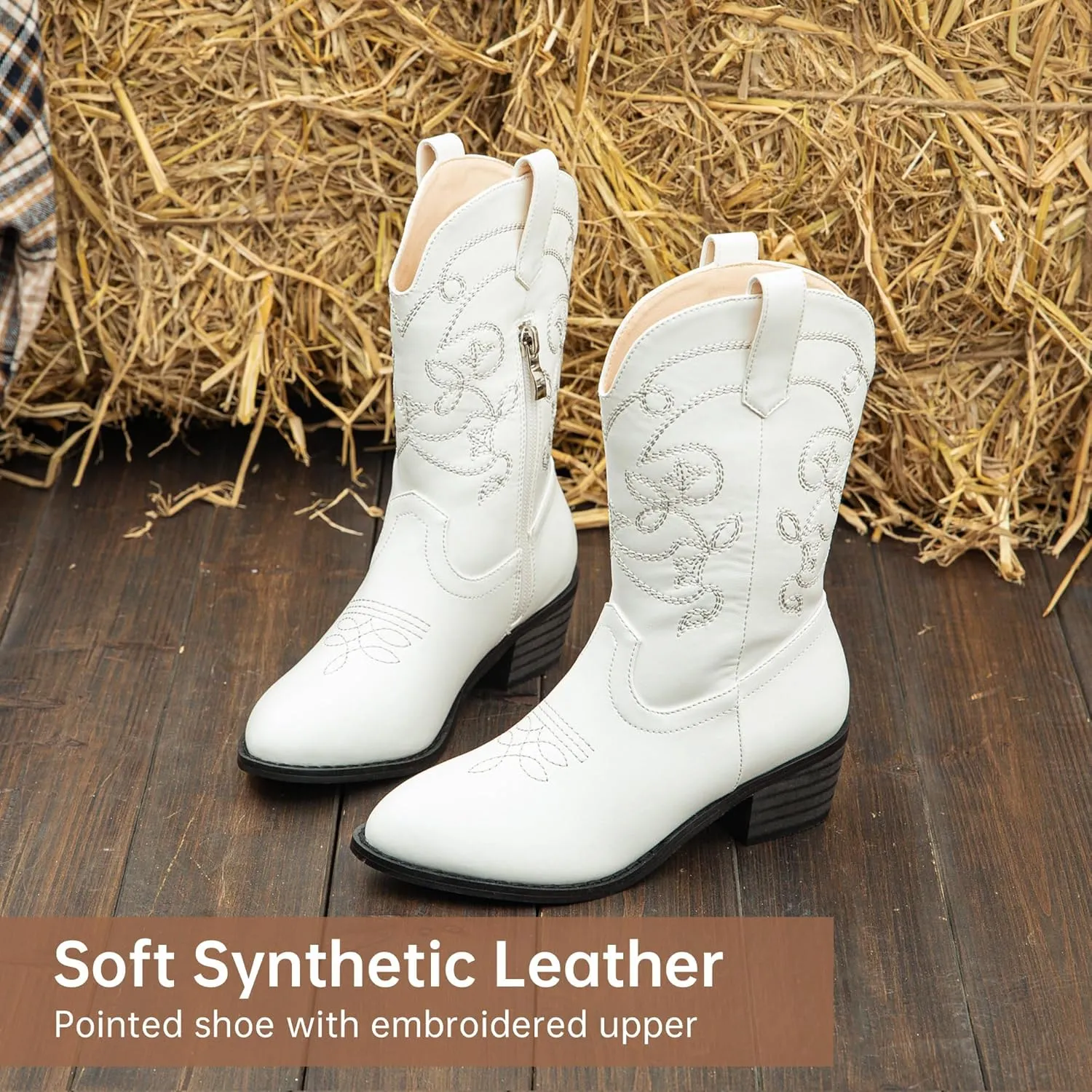 Girls Cowboy Boots Pull On Cowgirl Boots Pointed Toe Mid Calf Western Boots for Little Kid Big Kid