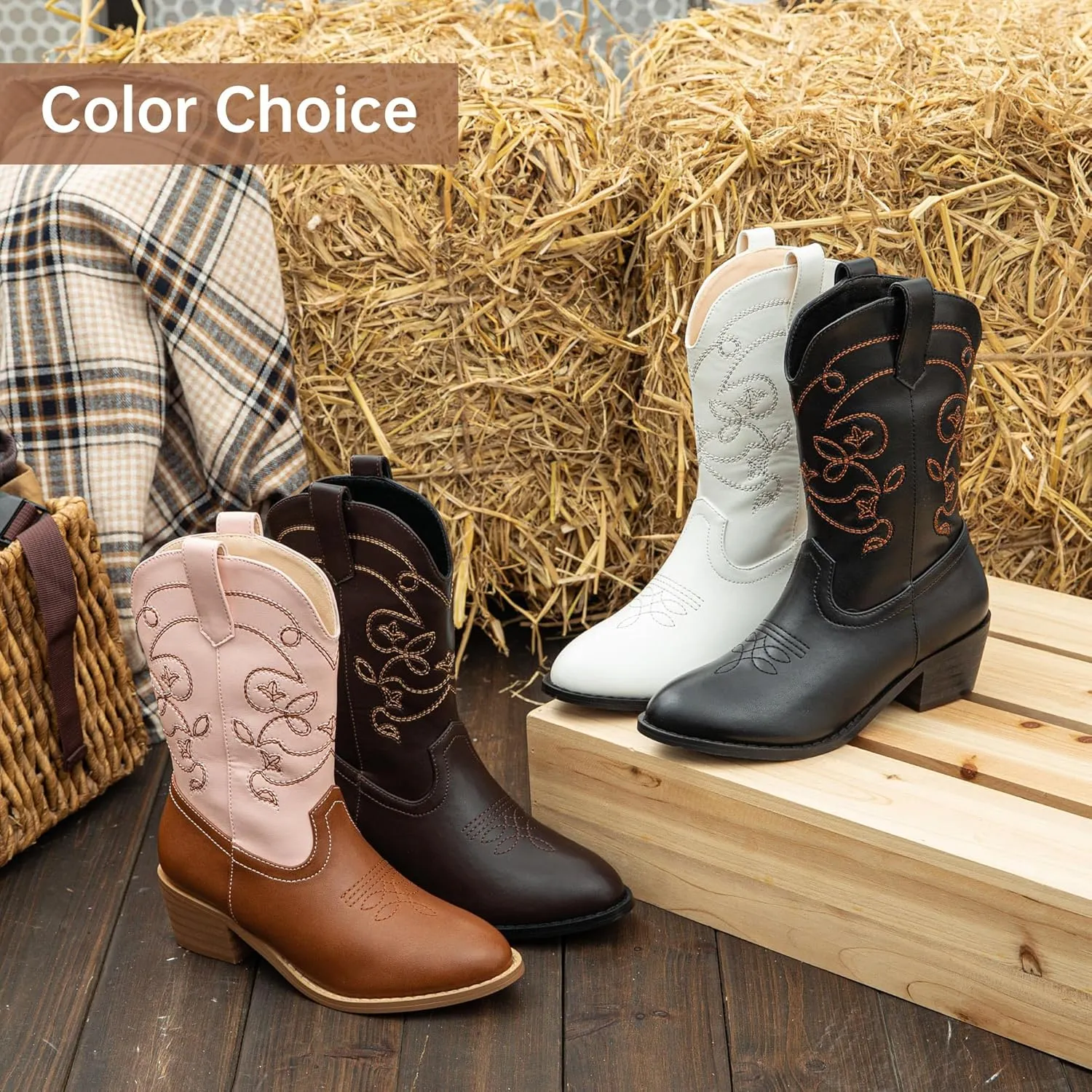 Girls Cowboy Boots Pull On Cowgirl Boots Pointed Toe Mid Calf Western Boots for Little Kid Big Kid