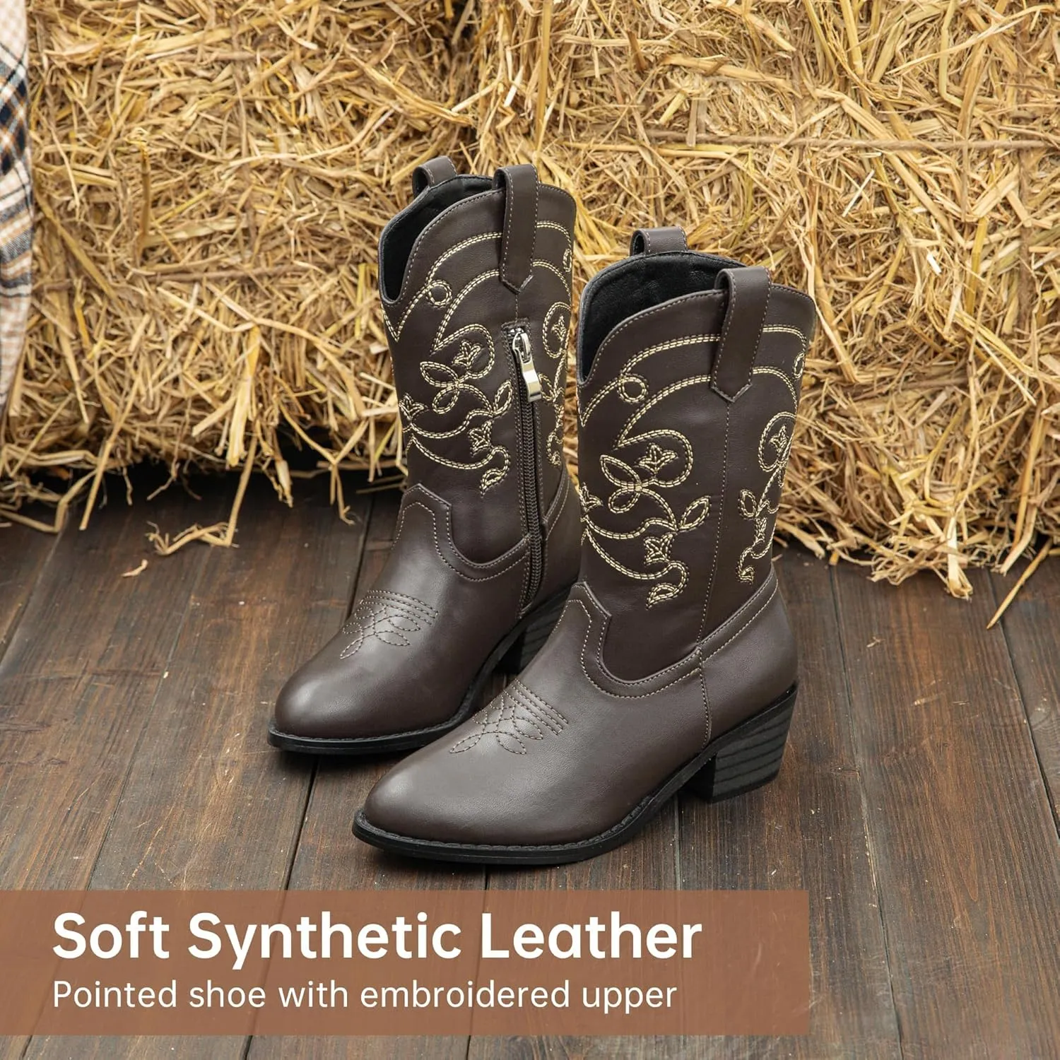 Girls Cowboy Boots Pull On Cowgirl Boots Pointed Toe Mid Calf Western Boots for Little Kid Big Kid