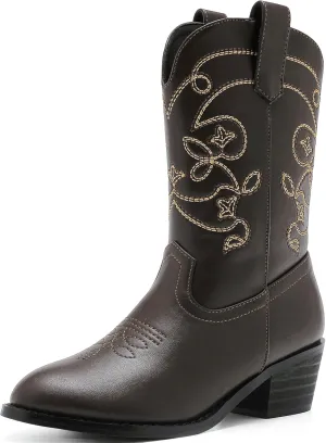 Girls Cowboy Boots Pull On Cowgirl Boots Pointed Toe Mid Calf Western Boots for Little Kid Big Kid